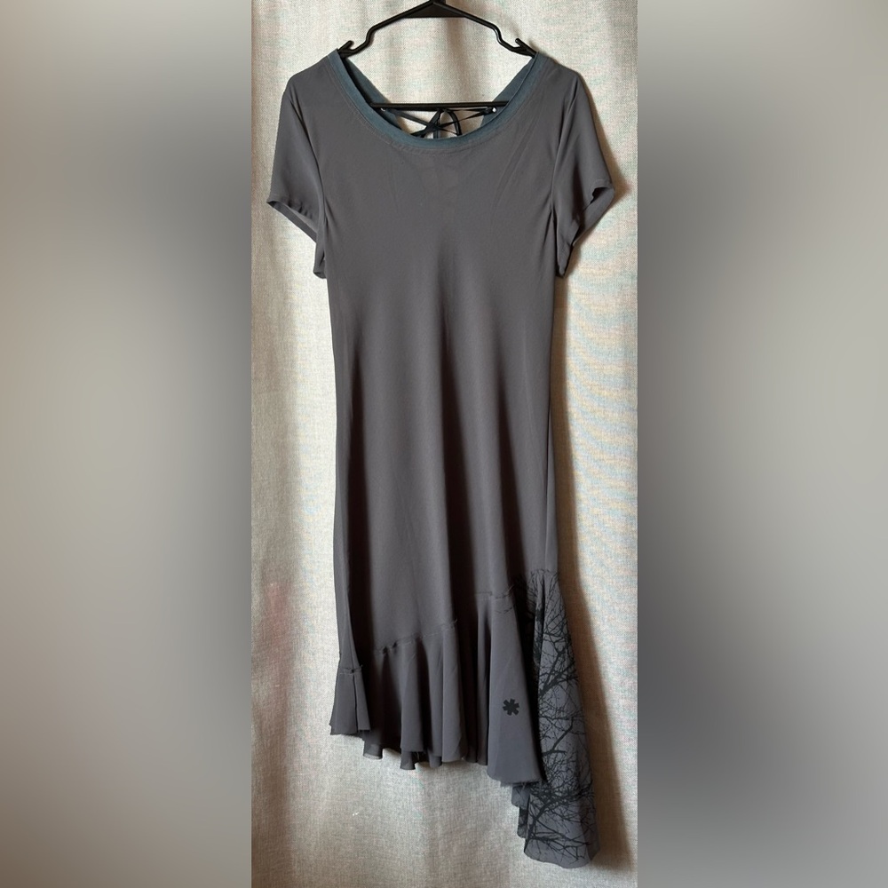People's Liberation•sheer asymmetrical sheath dress•medium•gray w/black•lace up